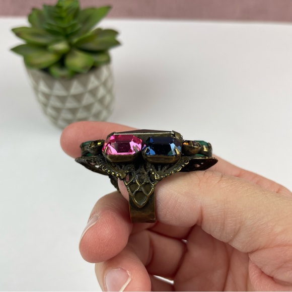 Miriam Haskell 2016 Colorful Green Pink Gold Rhinestone Statement Ring Jewelry - Picture 4 of 10